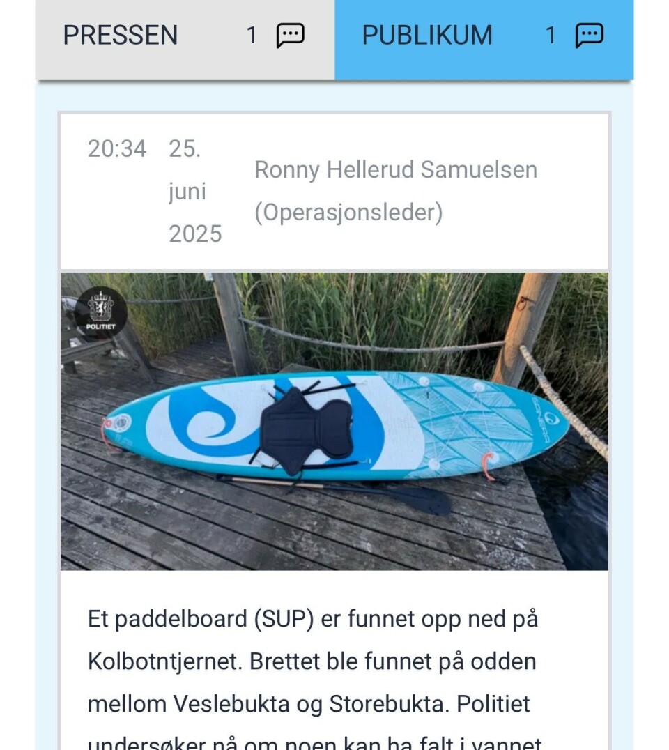 FUNNET: Dette SUP-brettet er funnet uten eier i Kolbotnvannet.
