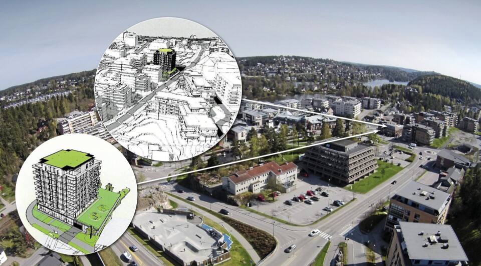 HER SKAL HØYHUSET LIGGE: Dersom planene går gjennom, vil en ny høyblokk på ni etasjer ruve der Eiendomsmegler Foss & Co ligger i dag. HER SKAL HØYHUSET LIGGE: Dersom planene går gjennom, vil en ny høyblokk på ni etasjer ruve der Eiendomsmegler Foss & Co ligger i dag.