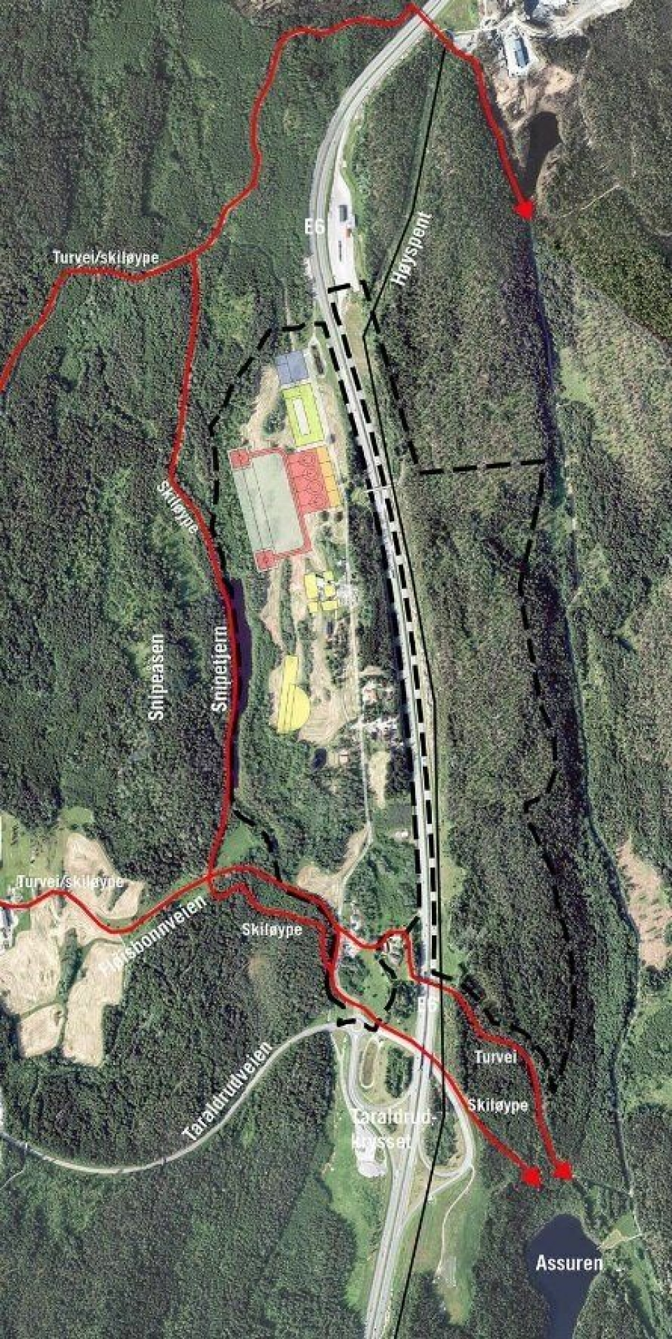 NYE ANLEGG: Den foreløpige skissen viser kun et eksempel på PNBs disponering av Taraldrud-tomten, som ble brukt for å studere tomtens egnethet. Du kan også se turveier (røde linjer) med grønne korridorer inn mot Sørmarka.