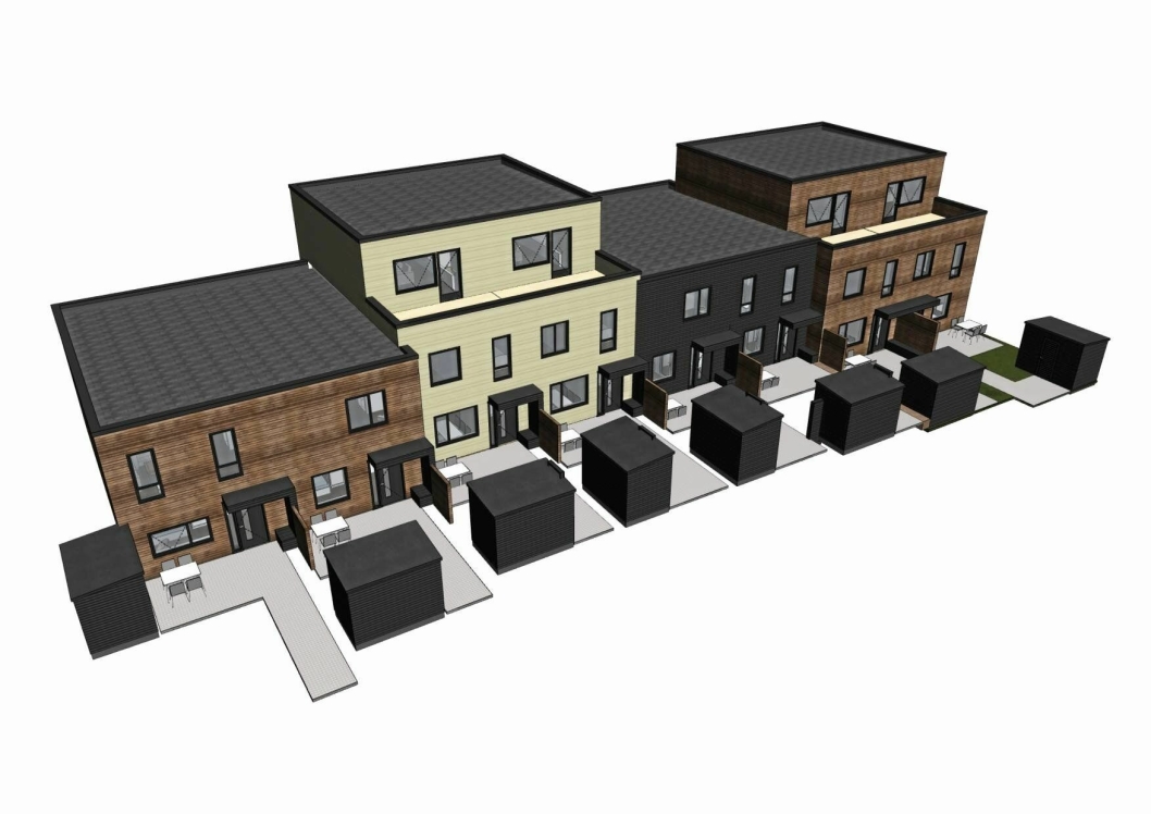 SLIK BLIR DET: Illustrasjonen viser et perspektiv fra typiske småhus som utbyggeren JM Norge konseptuelt utvikler. De er moderne funkispreget og er per i dag i endring frem til januar 2017.