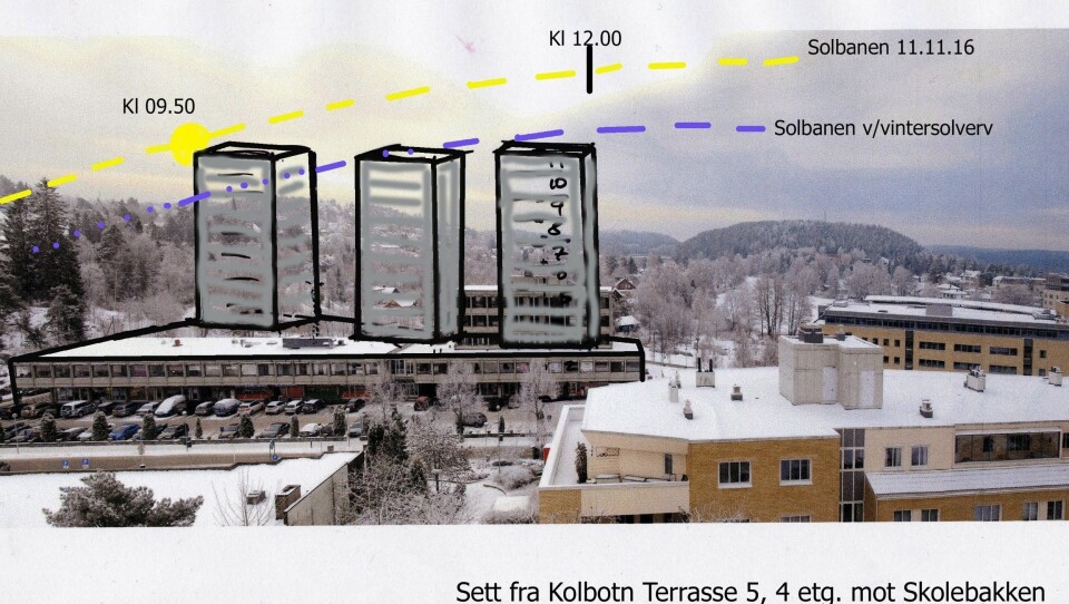 SLIK KAN DET BLI: Skissen anskueliggjør hvordan et signalbygg slik som foreslått i områdeplanen vil kunne fortone seg, sett fra Kolbotn Terrasse. SLIK KAN DET BLI: Skissen anskueliggjør hvordan et signalbygg slik som foreslått i områdeplanen vil kunne fortone seg, sett fra Kolbotn Terrasse.