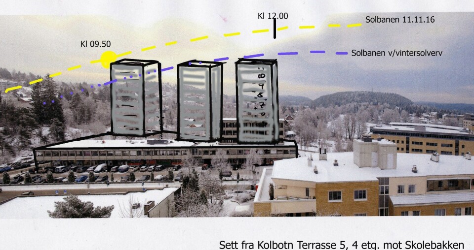 SLIK KAN DET BLI: Skissen anskueliggjør hvordan et signalbygg slik som foreslått i områdeplanen vil kunne fortone seg, sett fra Kolbotn Terrasse. SLIK KAN DET BLI: Skissen anskueliggjør hvordan et signalbygg slik som foreslått i områdeplanen vil kunne fortone seg, sett fra Kolbotn Terrasse.