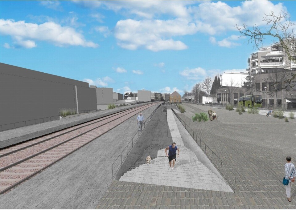 NYE RAMPER: Det er foreslått å bygge en ny rampe på to og en halv meter fra undergangen til terrenget mot Sentrumsbygget. NYE RAMPER: Det er foreslått å bygge en ny rampe på to og en halv meter fra undergangen til terrenget mot Sentrumsbygget.