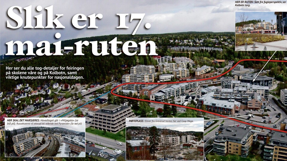HER ER RUTEN: Våre grafikere har laget en komplett guide til 17. mai-ruten, slik at du vet hvor du skal starte og hvor det hele ender. Nederst i saken finner du et nedlastbart, høyoppløselig og zoombart kart. HER ER RUTEN: Våre grafikere har laget en komplett guide til 17. mai-ruten, slik at du vet hvor du skal starte og hvor det hele ender. Nederst i saken finner du et nedlastbart, høyoppløselig og zoombart kart.