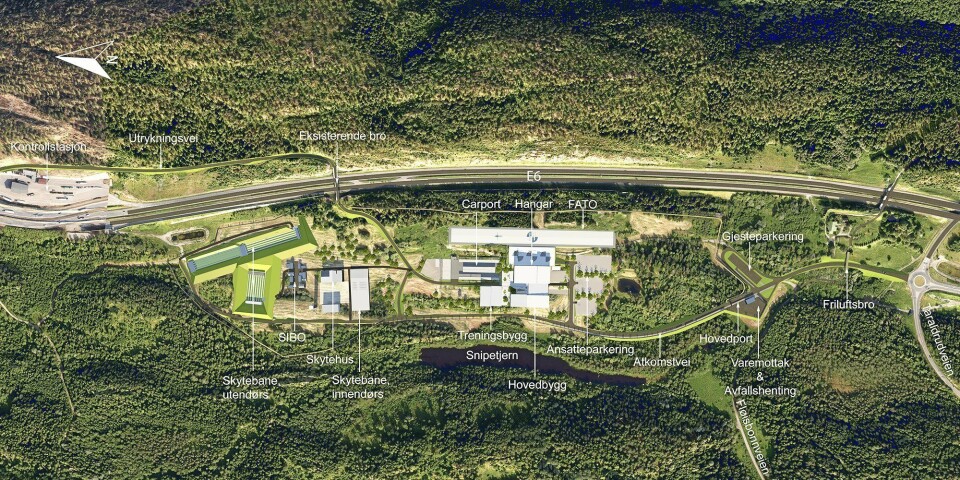 SLIK KAN DET BLI: Tegning av Politiets nasjonale beredskapssenter (PNB), kart med forklaringer. Illustrasjonen viser de ulike anleggenes plassering i skisseprosjektet, med øvingsanlegg mot nord (venstre), helikopterplass, hovedbygg og ansattparkering sentralt på tomten, og hovedport med gjesteparkering og varemottak sør på tomten. Hovedatkomst krysser gjennom et 150 meter bredt grøntdrag mellom Taraldrudkrysset og hovedporten. I grøntdraget etableres en turvei og friluftsbro. SLIK KAN DET BLI: Tegning av Politiets nasjonale beredskapssenter (PNB), kart med forklaringer. Illustrasjonen viser de ulike anleggenes plassering i skisseprosjektet, med øvingsanlegg mot nord (venstre), helikopterplass, hovedbygg og ansattparkering sentralt på tomten, og hovedport med gjesteparkering og varemottak sør på tomten. Hovedatkomst krysser gjennom et 150 meter bredt grøntdrag mellom Taraldrudkrysset og hovedporten. I grøntdraget etableres en turvei og friluftsbro.
