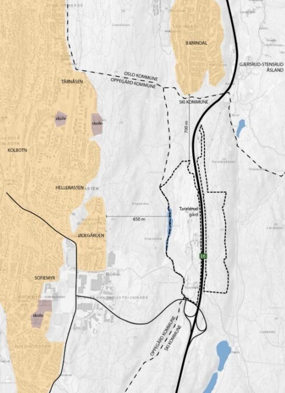 650-700 METER UNNA: Her kan du se at avstanden mellom planomradet til PNB og den narmeste boligbebyggelsen i Oppegård og Oslo kommuner er på mellom 650 og 700 meter. 650-700 METER UNNA: Her kan du se at avstanden mellom planomradet til PNB og den narmeste boligbebyggelsen i Oppegård og Oslo kommuner er på mellom 650 og 700 meter.