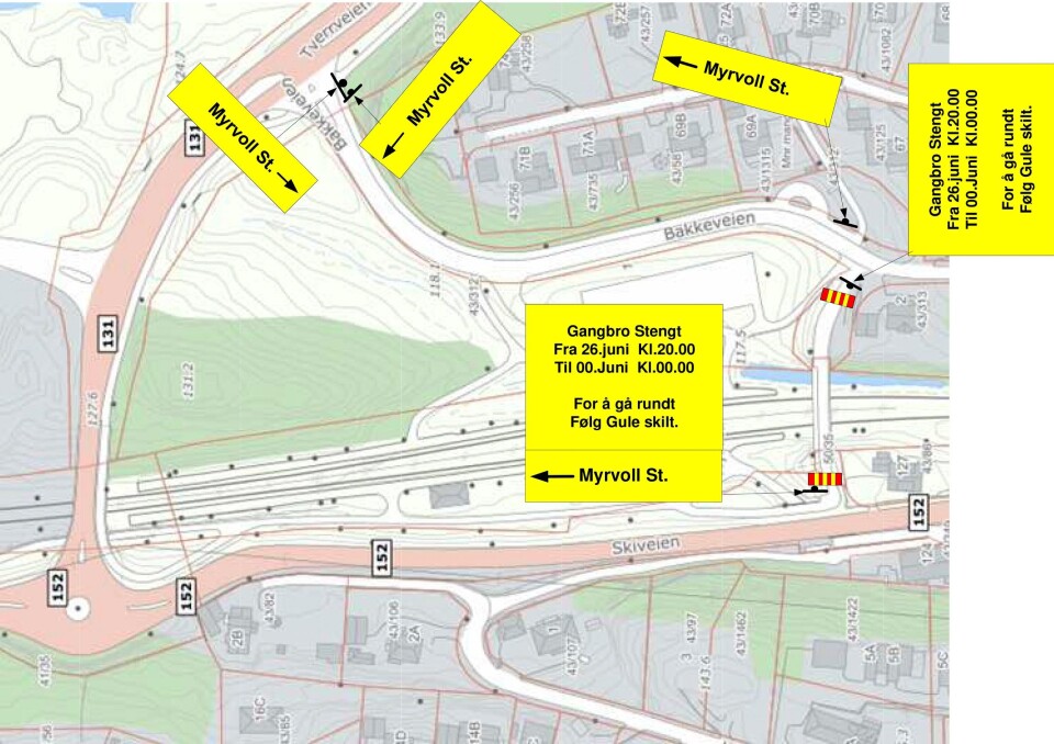 SKILTING: Bane NOR vil sette opp skilt til alternative ruter, når gangbroen stenges. SKILTING: Bane NOR vil sette opp skilt til alternative ruter, når gangbroen stenges.