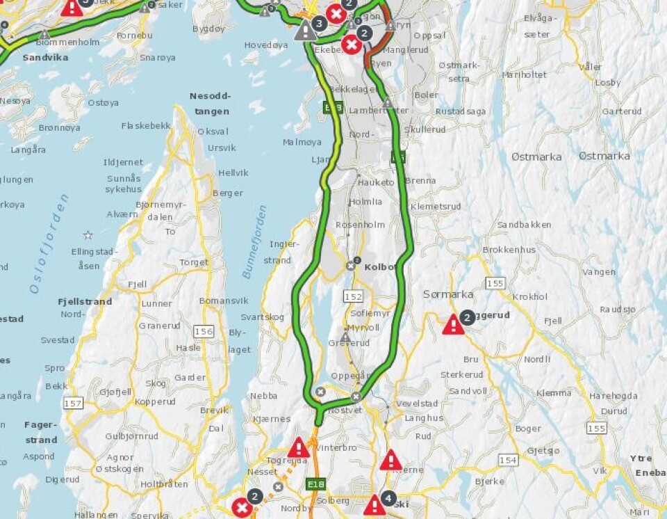 Skjermdump fra Vegvesenets trafikk-kart. Skjermdump fra Vegvesenets trafikk-kart.