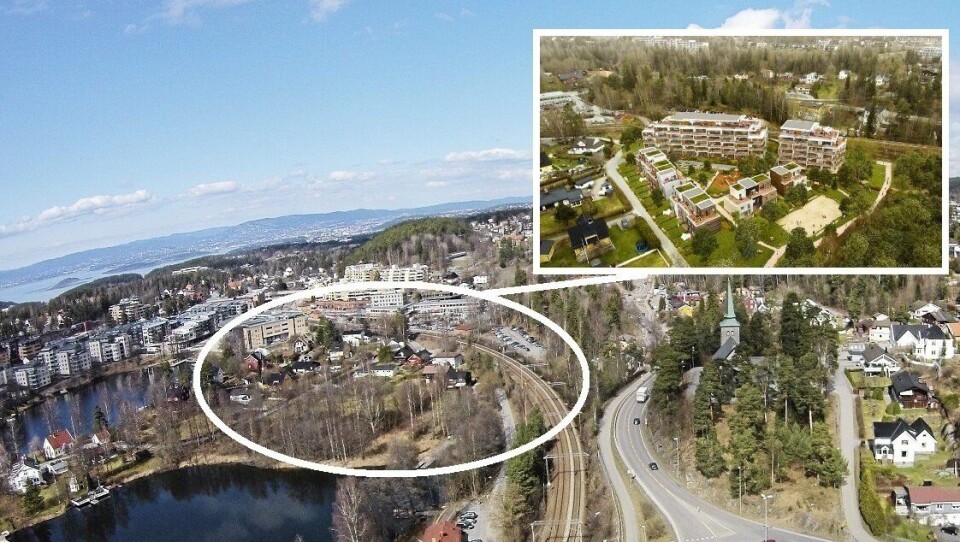 FRA FUGLEPERSPEKTIV: Det er i området som er ringet ut med stor, hvir runding at det skal bygges. Innfelt ser du boligprosjektet til Solon Eiendom som skal bygges i området. FRA FUGLEPERSPEKTIV: Det er i området som er ringet ut med stor, hvir runding at det skal bygges. Innfelt ser du boligprosjektet til Solon Eiendom som skal bygges i området.