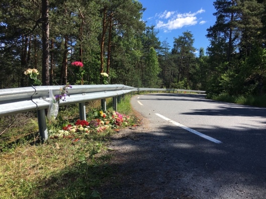 HER SKJEDDE DET: Idenne svingen langs Ingierstrandveien mistet en dansk motorsyklist kontrollen over motorsykkelen sin. Han komkom like etter ulykken.