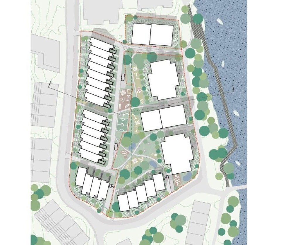 TO FASER: Slik skulle B3 se ut med to utbyggingsfaser, men kun fase én (med de to rekkehusene langs Kantorveien som du ser til venstre på skissen) vil bli realisert. TO FASER: Slik skulle B3 se ut med to utbyggingsfaser, men kun fase én (med de to rekkehusene langs Kantorveien som du ser til venstre på skissen) vil bli realisert.