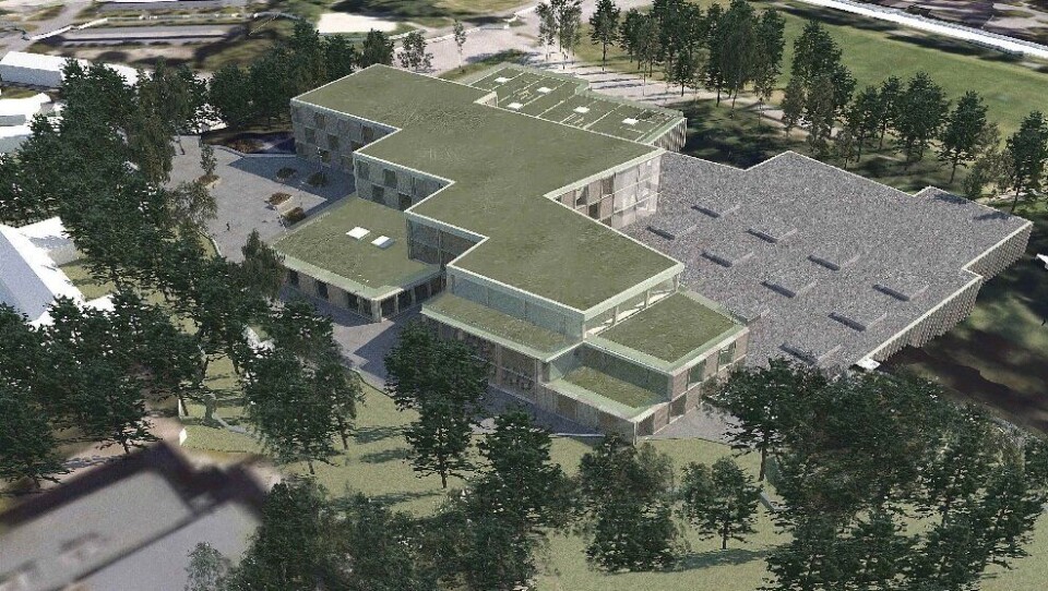 SKAL STÅ FERDIG INNEN 2020: Fugleperspektiv viser skole- og idrettshallbygget sett fra sørvest. SKAL STÅ FERDIG INNEN 2020: Fugleperspektiv viser skole- og idrettshallbygget sett fra sørvest.