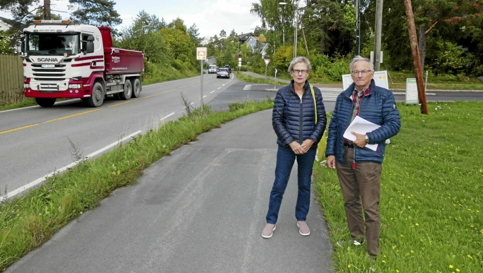 BEHOV FOR MANGE TILTAK: Berit Sunde (75) og Halvor Stormoen (69) og fra Solbråtan krever at SVV og kommunen setter i gang med farts- og støyreduserende tiltak i området langs Skiveien på Solbråtan.
