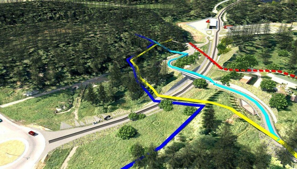 SJEKK KARTET: Rød linje: Gammel turtrasé fra Fløisbonnveien. Gul linje: Midlertidig omlagt turtrasé. Mørkeblå linje: Midlertidig omlagt skitrasé. Lyseblå linje: Fremtidig turvei- og skiløypetrasé.