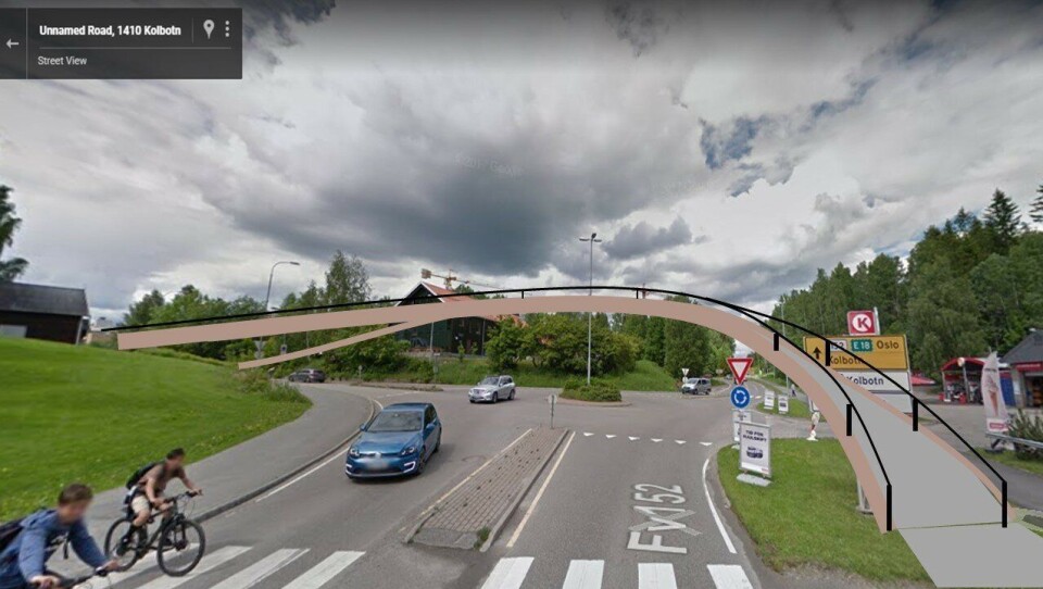 DETTE ER FORSLAGET: Hans Martin Enger foreslår å bygge en gangbro rett over krysset i Skiveien/Kolbotnveien. DETTE ER FORSLAGET: Hans Martin Enger foreslår å bygge en gangbro rett over krysset i Skiveien/Kolbotnveien.