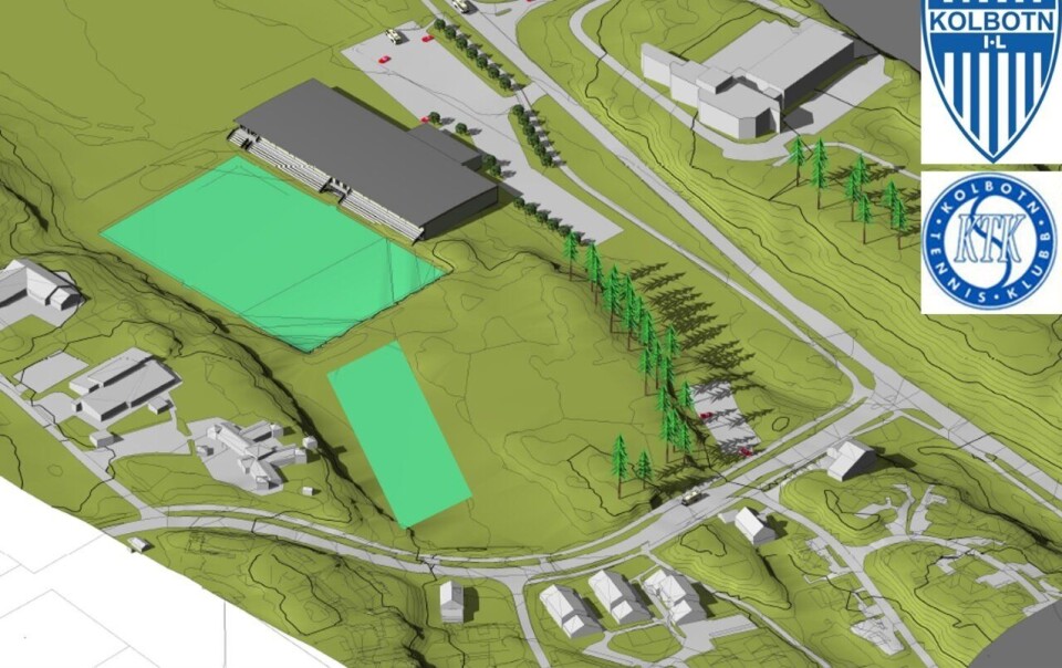 PLASSERING: Tennishallen (grått bygg på illustrasjonen) skal bygges øst for den eksisterende kunstgressbanen. Sør for den kan du også se den nye kunstgressbanen som skal bygges på Tømtebanen. PLASSERING: Tennishallen (grått bygg på illustrasjonen) skal bygges øst for den eksisterende kunstgressbanen. Sør for den kan du også se den nye kunstgressbanen som skal bygges på Tømtebanen.