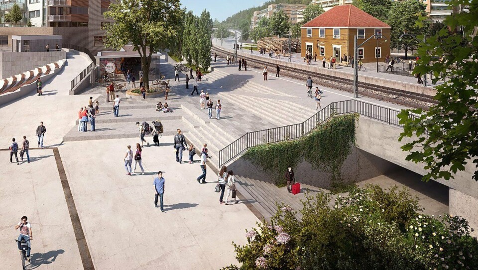 «STORE TANKER PÅ LITEN PLASS»: Skissen viser en ny undergang som skal bygges mellom stasjonsbygningen og Kolben. Pakkhuset er ikke med på bildet, men man kan se et lite sykkelhotell nord for stasjonsbygningen. «STORE TANKER PÅ LITEN PLASS»: Skissen viser en ny undergang som skal bygges mellom stasjonsbygningen og Kolben. Pakkhuset er ikke med på bildet, men man kan se et lite sykkelhotell nord for stasjonsbygningen.