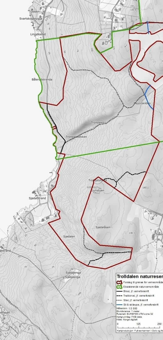 ER NÅ VERNET: Trolldalen naturreservat (gårdsnumre/bruksnumre 35/9, 35/36 og 37/1) er merket med den røde linjen på kartet. Den grønne linjen viser eksisterende Svartskog landskapsvernområde, som ble vedtatt i 2008.