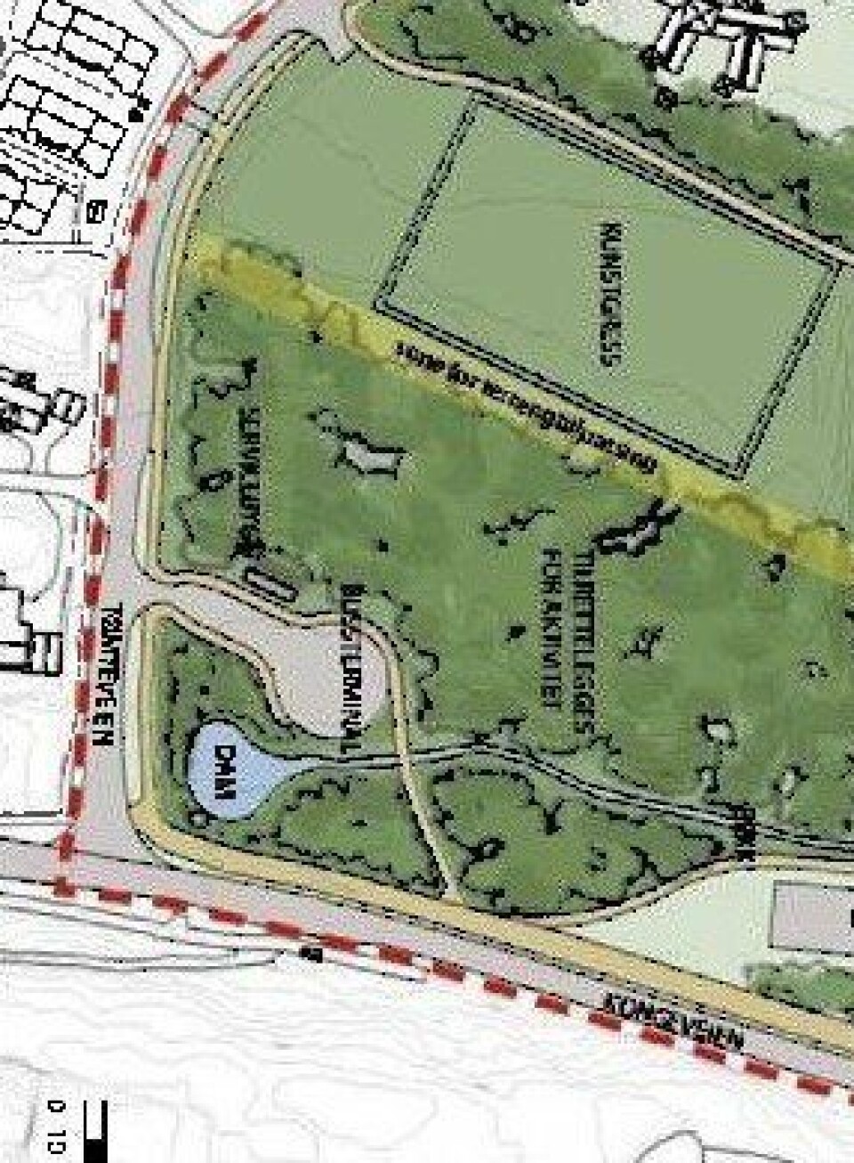 BUSSTERMINAL OG SNUPLASS: Dette er foreslått bygget øst for Tømtebanen. BUSSTERMINAL OG SNUPLASS: Dette er foreslått bygget øst for Tømtebanen.
