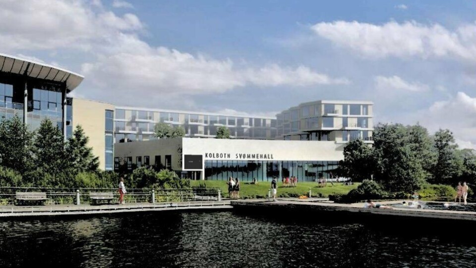 KOLBOTN SVØMMEHALL + BOLIGER + FLYTTENDE SVØMMEBASSENG: Her kan du se Kolbotn svømmehall omringet av mange nye boliger. Du kan også se et flytende svømmebasseng på Kolbotnvannet. Den kommunale tomten sør for svømmehallen skal også transformeres til boliger (dette feltet er dessverre ikke synlig på illustrasjonen).