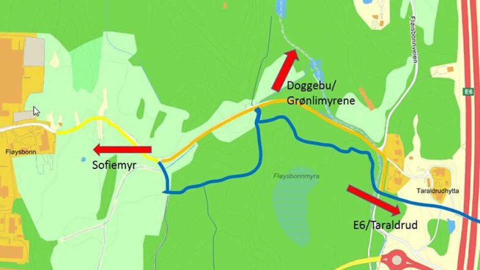 ALTERNATIV TURVEI: Fløisbonnveien er stengt fra 29. oktober 2018 og frem til 20. juni 2019 (se orange linje på kartet). Stien som kan benyttes i perioden frem til 20. juni er merket med blått.