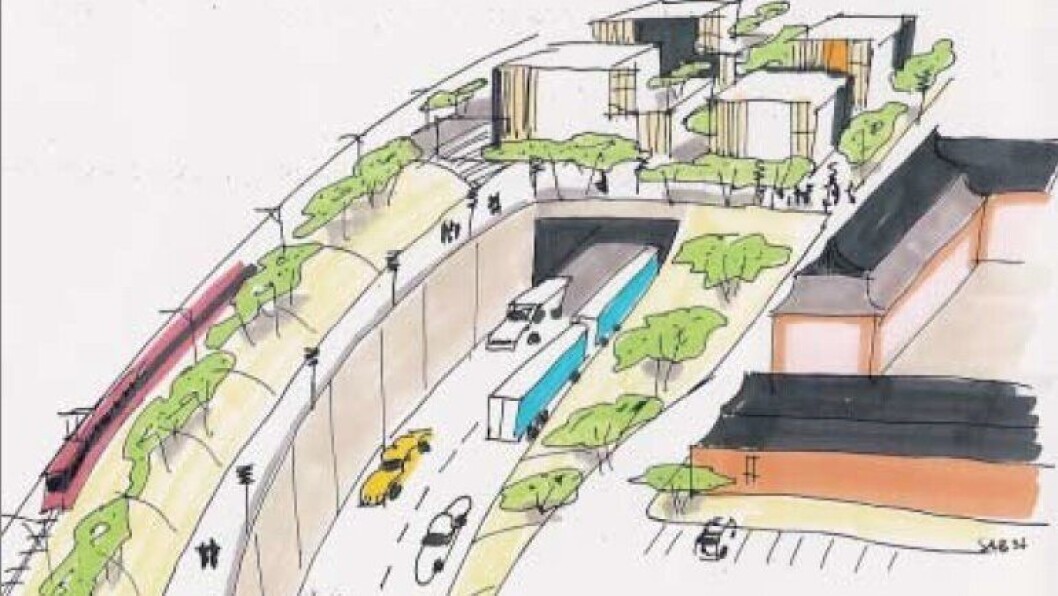 KULVERT ISTEDENFOR BRO: Illustrasjonen viser deler av prosjektet "Oppegård terrasse – en samlet plan for Oppegård stasjonsområde", utarbeidet av Oppegård Vel og Shark Arkitekter for cirka 15 år siden, som foreslår blant annet at Skiveien senkes ned i terrenget ved Greverud skole. KULVERT ISTEDENFOR BRO: Illustrasjonen viser deler av prosjektet "Oppegård terrasse – en samlet plan for Oppegård stasjonsområde", utarbeidet av Oppegård Vel og Shark Arkitekter for cirka 15 år siden, som foreslår blant annet at Skiveien senkes ned i terrenget ved Greverud skole.