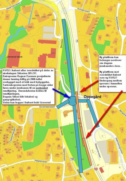 FORSLAGET: Her kan du se <span dir="ltr"><span class="_3l3x _1n4g">en enkel skisse av hvordan Skiveien kan legges om. Sætreskogveien føres i undergang under jernbanen sammen med kombinert gang/sykkelvei og undergang til jernbanens plattformer. Sætreskogveien og Durendalveien føres fram til ny rundkjøring på FV152. Her kan mange være med spleiselaget. Kilde: Oppegård Vel</span></span> FORSLAGET: Her kan du se <span dir="ltr"><span class="_3l3x _1n4g">en enkel skisse av hvordan Skiveien kan legges om. Sætreskogveien føres i undergang under jernbanen sammen med kombinert gang/sykkelvei og undergang til jernbanens plattformer. Sætreskogveien og Durendalveien føres fram til ny rundkjøring på FV152. Her kan mange være med spleiselaget. Kilde: Oppegård Vel</span></span>