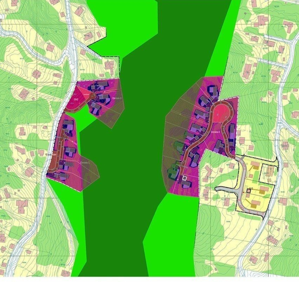 VILDMARK OG RAGNARUD: De grønne fargene på kartet viser sammenhengende skogsområde (lysegrønn) og spesiell eventyrskog (mørkegrønn) samt foreslått ny bebyggelse (mørkerosa).