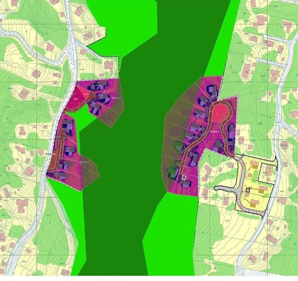 VILDMARK OG RAGNARUD: De grønne fargene på kartet viser sammenhengende skogsområde (lysegrønn) og spesiell eventyrskog (mørkegrønn) samt foreslått ny bebyggelse (mørkerosa). VILDMARK OG RAGNARUD: De grønne fargene på kartet viser sammenhengende skogsområde (lysegrønn) og spesiell eventyrskog (mørkegrønn) samt foreslått ny bebyggelse (mørkerosa).