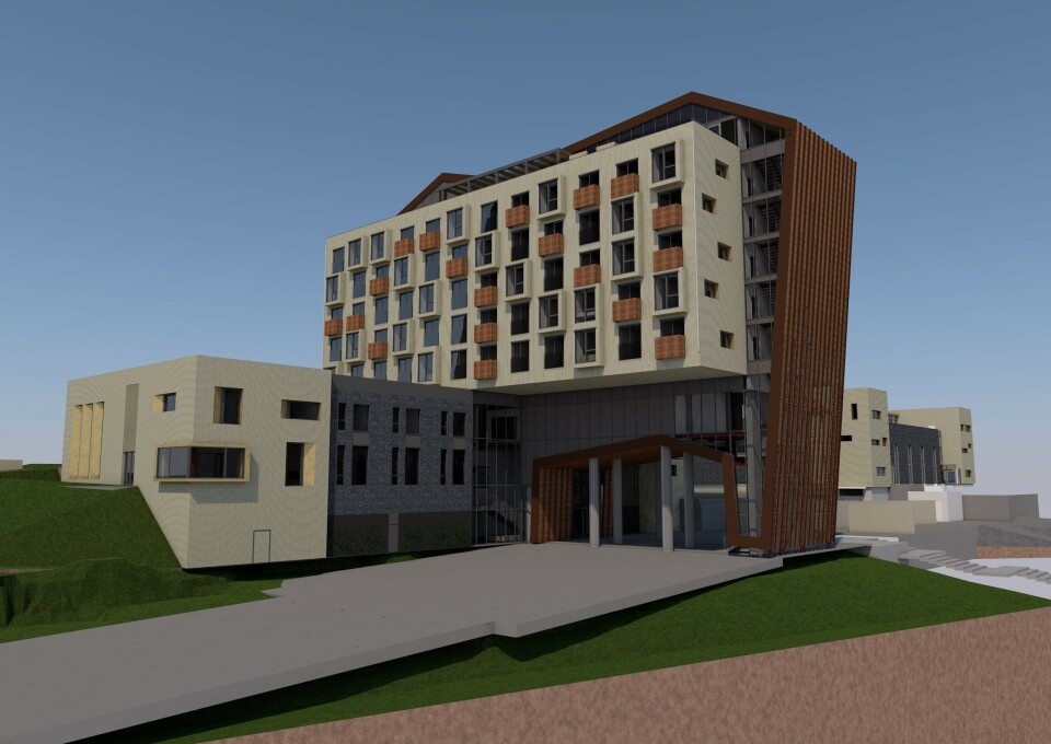 NI ETASJER: Illustrasjon viser det planlagte hotellet, sett fra sydøst. Hotellet blir på ni etasjer og får 104 rom. (Illustrasjon The Well) NI ETASJER: Illustrasjon viser det planlagte hotellet, sett fra sydøst. Hotellet blir på ni etasjer og får 104 rom. (Illustrasjon The Well)