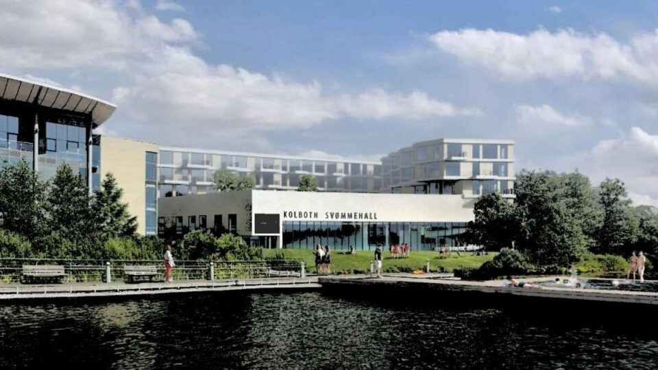 KOLBOTN SVØMMEHALL + BOLIGER: Her kan du se Kolbotn svømmehall omringet av mange nye boliger. Du kan også se et flytende badebasseng på Kolbotnvannet. Den kommunale tomten sør for svømmehallen skal også transformeres til boliger (dette feltet er dessverre ikke synlig på illustrasjonen). KOLBOTN SVØMMEHALL + BOLIGER: Her kan du se Kolbotn svømmehall omringet av mange nye boliger. Du kan også se et flytende badebasseng på Kolbotnvannet. Den kommunale tomten sør for svømmehallen skal også transformeres til boliger (dette feltet er dessverre ikke synlig på illustrasjonen).