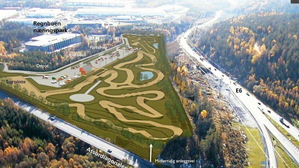 DET VEDTATTE PLANOMRÅDET: Motorcrossbanen i Assurdalen skal bygges i en lomme mellom E6 og Assurdiagonalen i Ski.