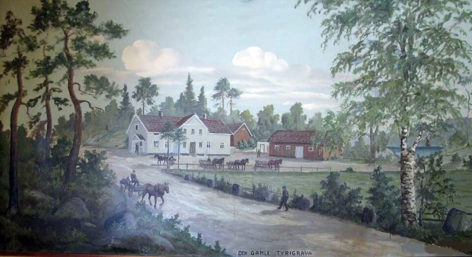 KUNST: Bildet av veggmaleriet i andre etasje på dagens Tyrigrava. Veggmaleriet viser gamle Tyrigraven, som var bygget rundt 1854 og brant ned i april 1932. Opp av asken steg Oppegårds første funkisbygg, Tyrigrava, kort tid etter. Arkitekten var Karl Grevstad. KUNST: Bildet av veggmaleriet i andre etasje på dagens Tyrigrava. Veggmaleriet viser gamle Tyrigraven, som var bygget rundt 1854 og brant ned i april 1932. Opp av asken steg Oppegårds første funkisbygg, Tyrigrava, kort tid etter. Arkitekten var Karl Grevstad.
