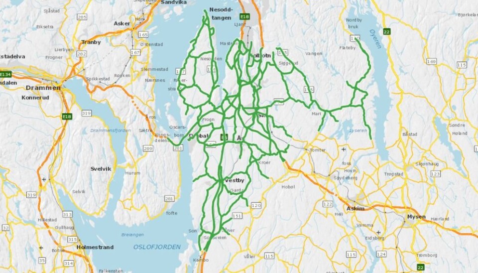 521 KILOMETER MED VEI: Her er et kart over alle fylkes- og riksveiene, samt gang- og sykkelveiene i Follo som inngår i kontrakten mellom SVV og Vaktmesterkompaniet. 521 KILOMETER MED VEI: Her er et kart over alle fylkes- og riksveiene, samt gang- og sykkelveiene i Follo som inngår i kontrakten mellom SVV og Vaktmesterkompaniet.
