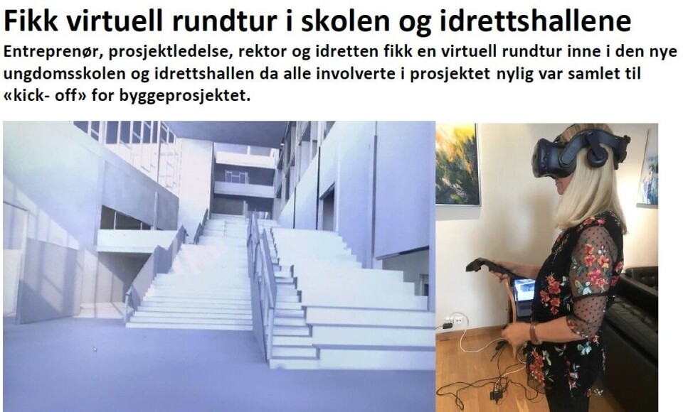 SLIK KAN DET BLI: Dette så rektor Grete Skaug da hun så på skissene av Fram ungdomsskole og idrettshaller på Sofiemyr med VR-briller i fjor sommer. Til venstre og høyre for trappen ligger idrettshallene. Opp trappen til høyre ligger klasserommene over hverandre i tre etasje. Illustrasjon: Skanska/Arkitema SLIK KAN DET BLI: Dette så rektor Grete Skaug da hun så på skissene av Fram ungdomsskole og idrettshaller på Sofiemyr med VR-briller i fjor sommer. Til venstre og høyre for trappen ligger idrettshallene. Opp trappen til høyre ligger klasserommene over hverandre i tre etasje. Illustrasjon: Skanska/Arkitema