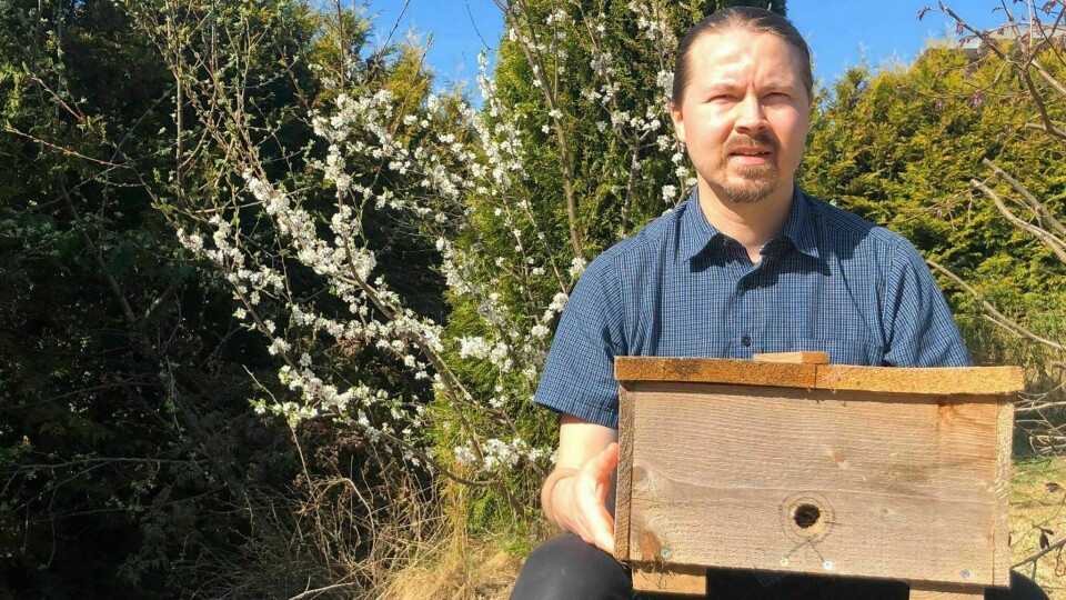 LOKAL HUMLEEKSPERT: – Innredningen av humlekassene er helt avgjørende for å lykkes med dette prosjektet. Det er her de aller fleste som ikke får humler i kassene feiler, sier Sturla Kristoffer Naas Johansen, som har vært aktiv i La Humla Suse som humleguide og foredragsholder i mer enn seks år. På bildet viser han en av humlekassene i hagen sin på Kolbotn.