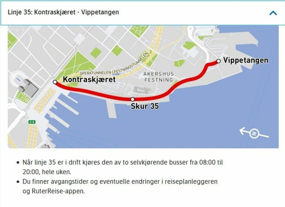 LINJE 35: Siden i fjor har linje 35, mellom Kontrasjkæret og Vippetangen i Oslo, vært betjent med to selvkjørende busser. Nå skal denne linjen flyttes litt og justeres. Kilde: Ruter