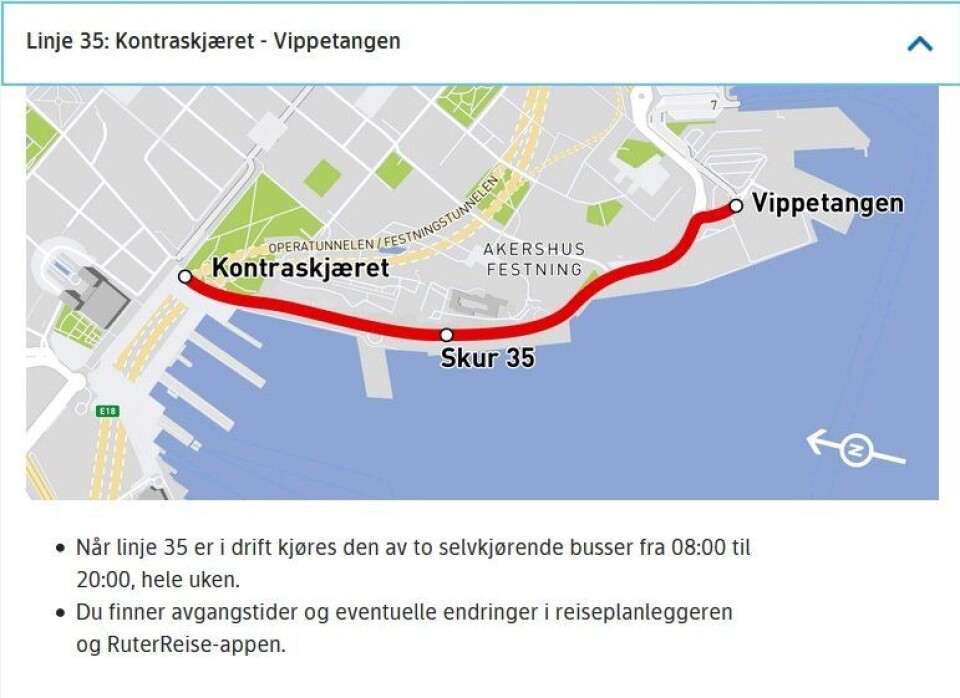 LINJE 35: Siden i fjor har linje 35, mellom Kontrasjkæret og Vippetangen i Oslo, vært betjent med to selvkjørende busser. Nå skal denne linjen flyttes litt og justeres. Kilde: Ruter LINJE 35: Siden i fjor har linje 35, mellom Kontrasjkæret og Vippetangen i Oslo, vært betjent med to selvkjørende busser. Nå skal denne linjen flyttes litt og justeres. Kilde: Ruter