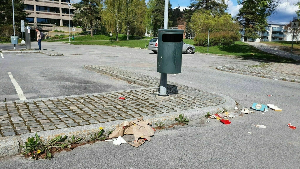 UGRESS OG SØPPEL: Det var søppel og ugress på parkeringsplassen utenfor Oppegård rådhus 2. mai.