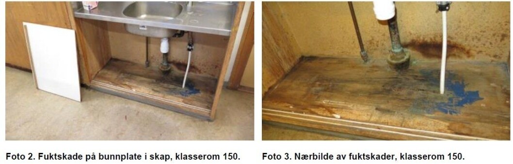 AVDEKKET FUKTSKADER: Bildet viser skadet bunnplate i skap under vask i klasserom 150 i paviljong 3. AVDEKKET FUKTSKADER: Bildet viser skadet bunnplate i skap under vask i klasserom 150 i paviljong 3.