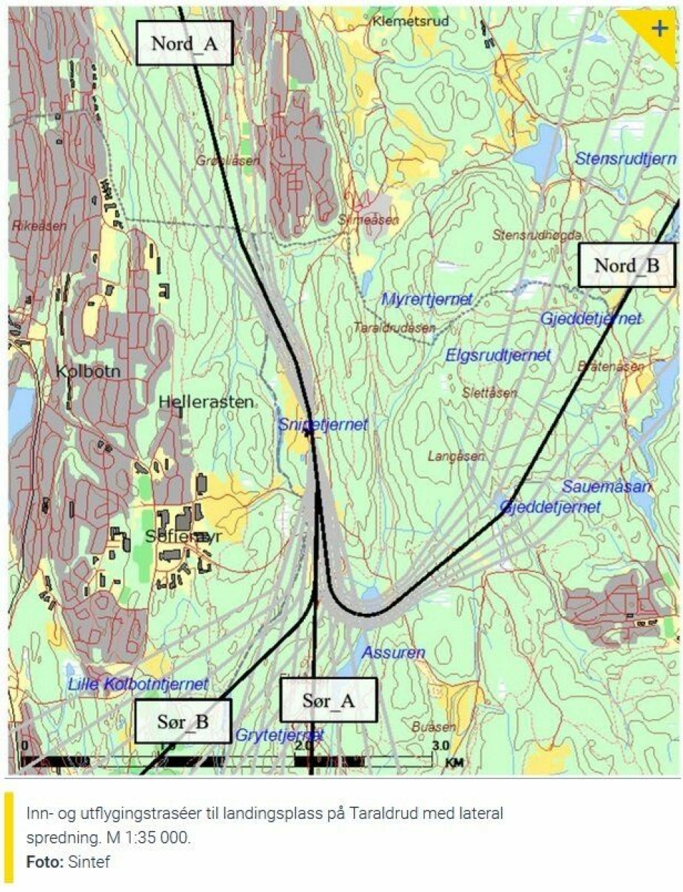 HELIKOPTERTRASEER: Kartet viser inn- og utflygingstraséer for helikopter ved politiets nasjonale beredskapssenter.