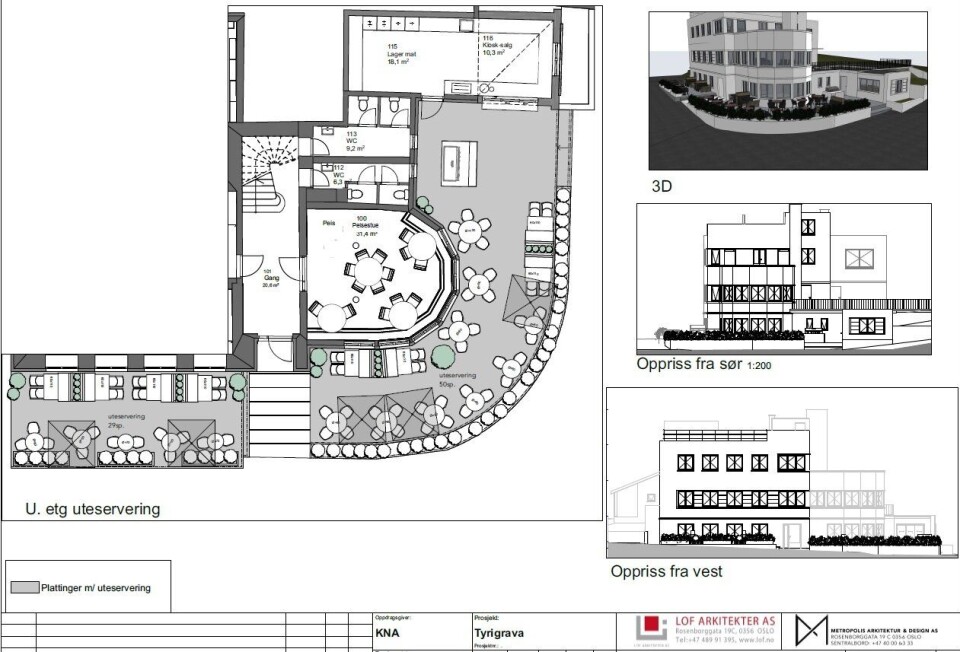 SLIK KAN DET BLI: Tegningen viser hvordan prosjektansvarlige ser for seg utformingen av den omsøkte uteserveringen med mindre tilbygg for kiosk-salg på Tyrigrava. Skisse: LOF Arkitekter AS, Metropolis arkitektur & design AS SLIK KAN DET BLI: Tegningen viser hvordan prosjektansvarlige ser for seg utformingen av den omsøkte uteserveringen med mindre tilbygg for kiosk-salg på Tyrigrava. Skisse: LOF Arkitekter AS, Metropolis arkitektur & design AS