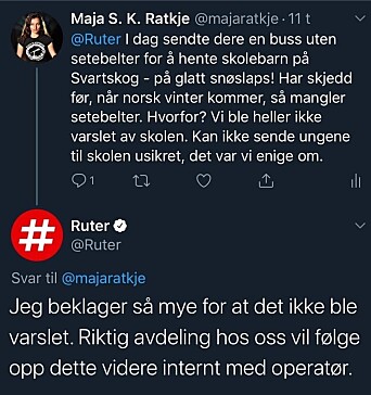 TAR OPP MED RUTER: Lokalpolitiker Maja S. K. Ratkje (MDG) fra Svartskog har selv to skolebarn. Hun kjemper for barnas sikkerhet og er sporadisk i kontakt med Ruter på Twitter. Her kan du se meldingene hennes til Ruter fra tidligere i år (før sommerferien). TAR OPP MED RUTER: Lokalpolitiker Maja S. K. Ratkje (MDG) fra Svartskog har selv to skolebarn. Hun kjemper for barnas sikkerhet og er sporadisk i kontakt med Ruter på Twitter. Her kan du se meldingene hennes til Ruter fra tidligere i år (før sommerferien).