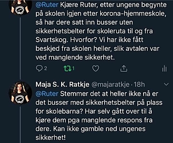 TAR OPP MED RUTER: Lokalpolitiker Maja S. K. Ratkje (MDG) fra Svartskog har selv to skolebarn. Hun kjemper for barnas sikkerhet og er sporadisk i kontakt med Ruter på Twitter. Her kan du se meldingene hennes til Ruter fra tidligere i år (før sommerferien).