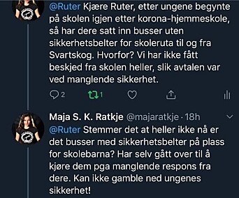 TAR OPP MED RUTER: Lokalpolitiker Maja S. K. Ratkje (MDG) fra Svartskog har selv to skolebarn. Hun kjemper for barnas sikkerhet og er sporadisk i kontakt med Ruter på Twitter. Her kan du se meldingene hennes til Ruter fra tidligere i år (før sommerferien). TAR OPP MED RUTER: Lokalpolitiker Maja S. K. Ratkje (MDG) fra Svartskog har selv to skolebarn. Hun kjemper for barnas sikkerhet og er sporadisk i kontakt med Ruter på Twitter. Her kan du se meldingene hennes til Ruter fra tidligere i år (før sommerferien).