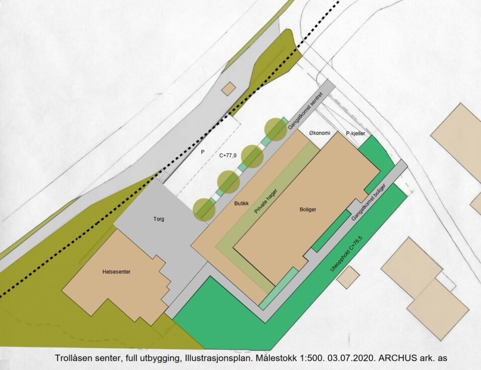 SLIK KAN DET SE UT: Illustrasjonsplanen viser Trollåsen senter ved full utbygging. Illustrasjonsplan: ARCHUS arkitekter SLIK KAN DET SE UT: Illustrasjonsplanen viser Trollåsen senter ved full utbygging. Illustrasjonsplan: ARCHUS arkitekter