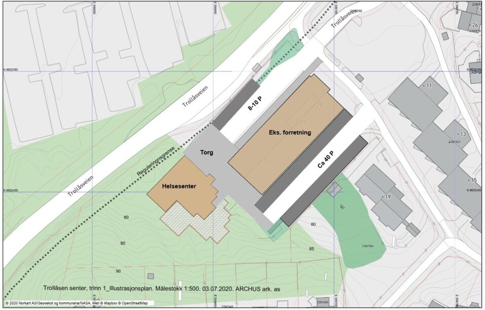 PLANSKISSE FOR FØRSTE BYGGETRINN. Sidebygningen er revet og erstattet med cirka 40 parkeringsplasser på terreng. Skisse: ARCHUS arkitekter PLANSKISSE FOR FØRSTE BYGGETRINN. Sidebygningen er revet og erstattet med cirka 40 parkeringsplasser på terreng. Skisse: ARCHUS arkitekter