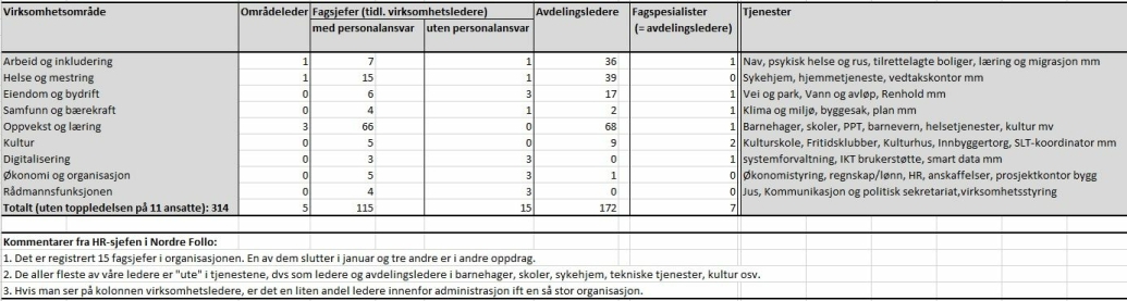 ANTALL LEDERE I NORDRE FOLLO: Oversikten (per 15. januar 2021) viser at Nordre Follo har 314 ledere på ulike nivåer. I tillegg har kommunen elleve toppledere (en kommunedirektør, en assisterende kommunedirektør g ni kommunalsjefer) per i dag.
