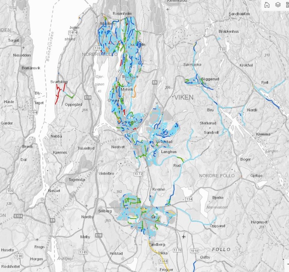 SJEKK OPPEGÅRD VS. SKI: Kartet over tilstand av kommunalt veidekke i Nordre Follo viser at tidligere Oppegård kommune har en større andel av veier med dårlig og svært dårlig kvalitet (fargelagt med mørkeblå og rød farge). Kilde: Nordre Follo kommune SJEKK OPPEGÅRD VS. SKI: Kartet over tilstand av kommunalt veidekke i Nordre Follo viser at tidligere Oppegård kommune har en større andel av veier med dårlig og svært dårlig kvalitet (fargelagt med mørkeblå og rød farge). Kilde: Nordre Follo kommune