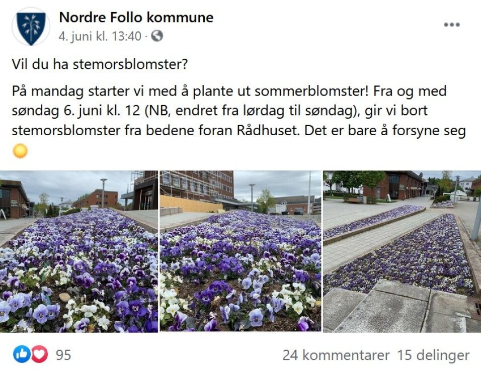 BLE ANNONSERT: Også i år ble stemorsblomstene foran rådhuset i Ski gitt bort gratis til innbyggerne. Kilde: Skjermdump fra kommunens Facebook-side BLE ANNONSERT: Også i år ble stemorsblomstene foran rådhuset i Ski gitt bort gratis til innbyggerne. Kilde: Skjermdump fra kommunens Facebook-side